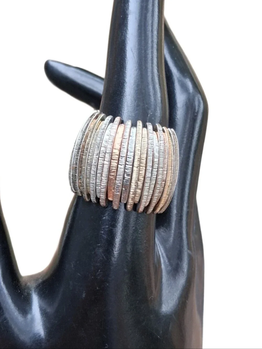 Tri Tone Mixed Metal Stretch Ring Wide Textured Ribbed Segment Statement Band